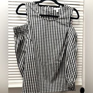 Charter club black and white plaid open shoulder blouse